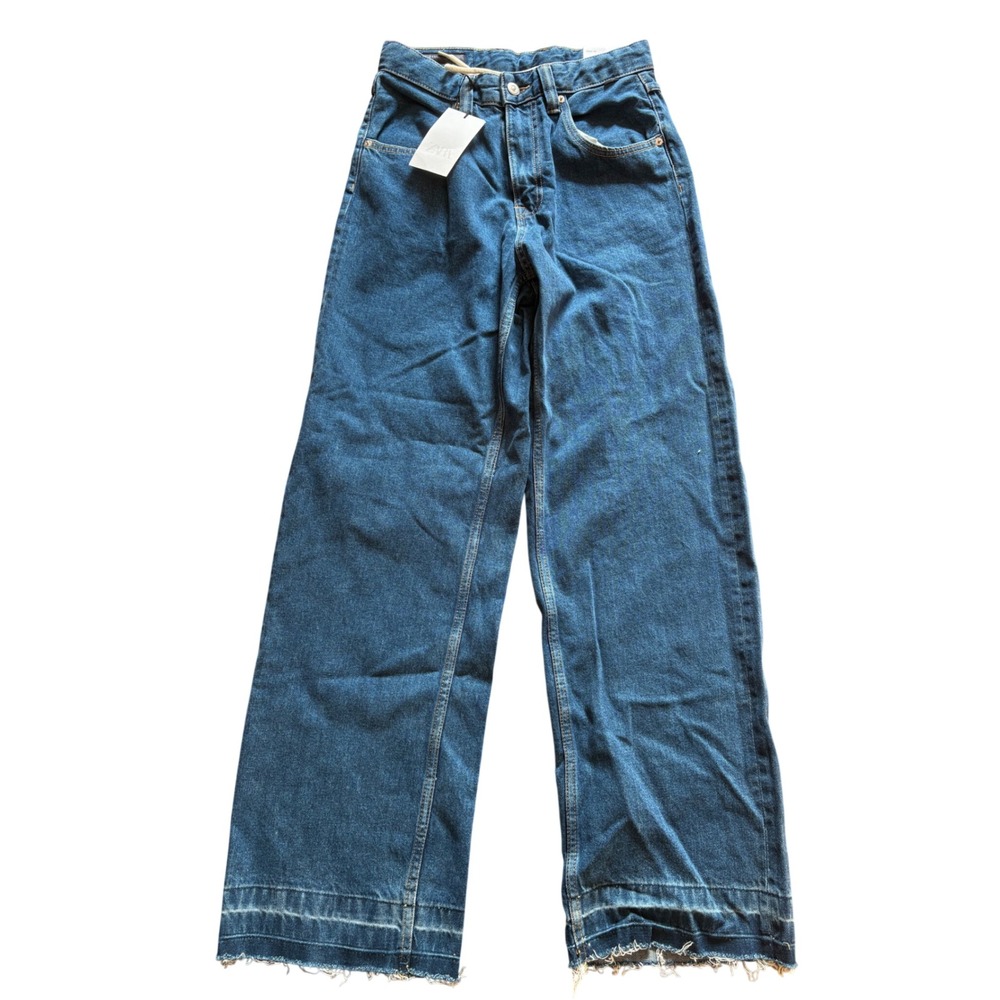 Zara Baggy Fit Jeans Blue Medium Wash Straight Leg Raw Hem Size 29‎ US NEW